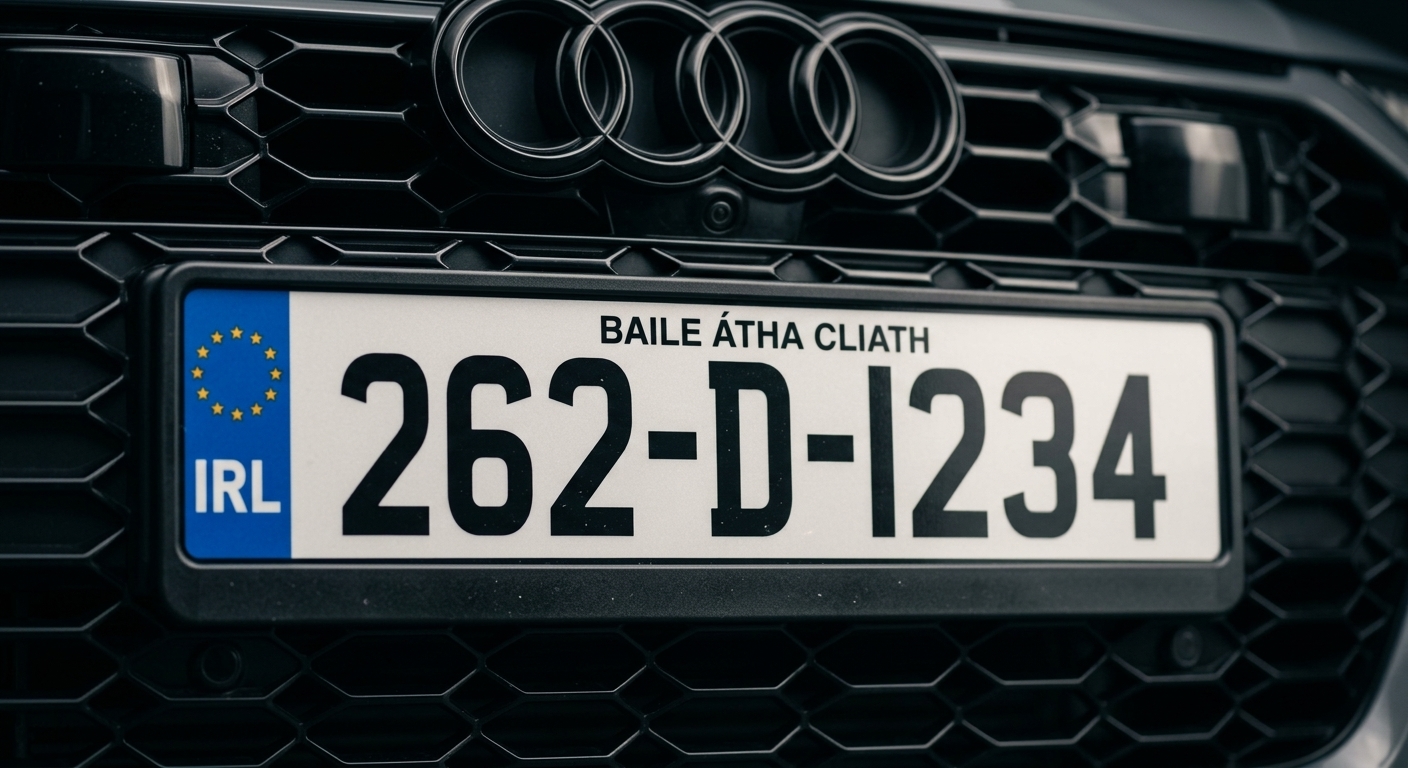 Close-up of an Irish number plate 262-D-1234 with blue EU band mounted on a dark car grille