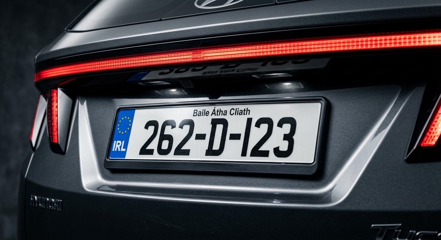 Hyundai Tucson rear with an Irish number plate 262-D-123 showing Baile Átha Cliath and the blue IRL EU band, in a black holder